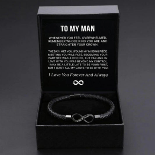 8-word Stainless Steel Black Handmade Leather Men's Bracelet