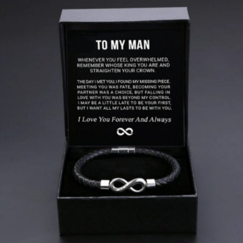 8-word Stainless Steel Black Handmade Leather Men's Bracelet