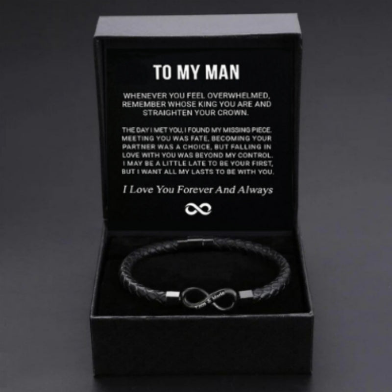8-word Stainless Steel Black Handmade Leather Men's Bracelet